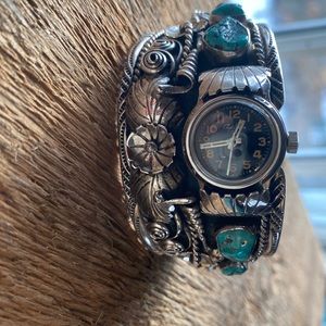 NAVAJO CUFF WATCH BRACELET by Fred James, Signed, Sterling Silver & Turquoise